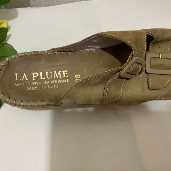 La Plume Tan  Leather Slide Wedge 2 Buckle Sandals Size 38 - Picture 8 of 11